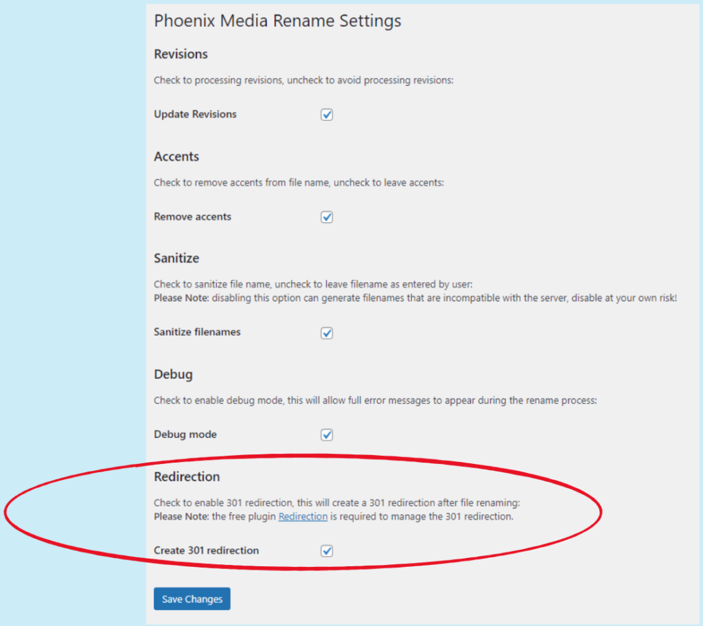 Phoenix Media Rename settings page: setting for redirections