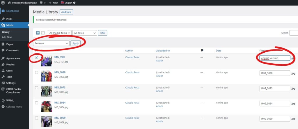 rename media files with WPML: select the file